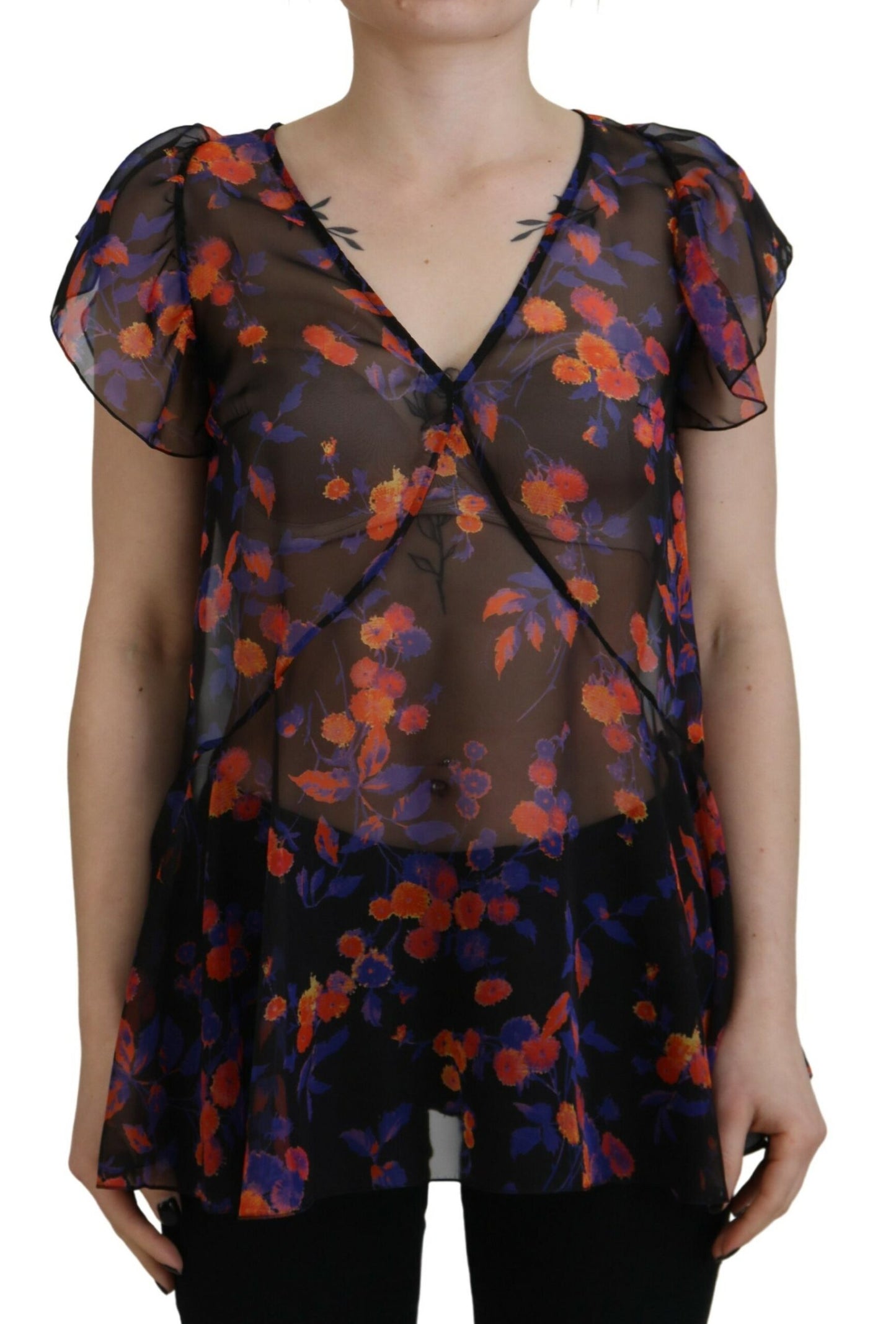 Top chemisier noir à manches courtes et col en V, imprimé floral de Dsquared².
