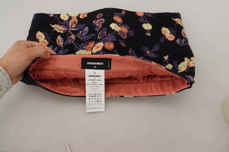 Jupe mini trapèze noire à taille mi-hauteur brodée de fleurs de Dsquared².