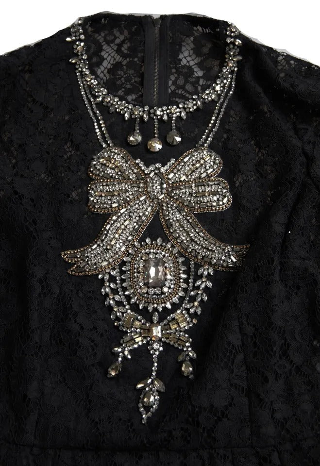 Dolce & Gabbana zwarte nylon jurk met kant en versieringen