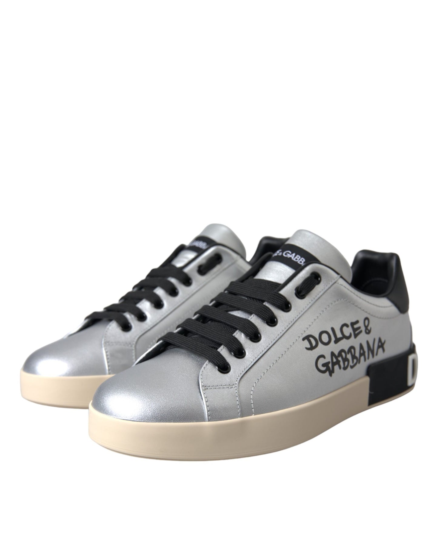 Sneakers en cuir de veau argenté Portofino de Dolce & Gabbana, chaussures homme.