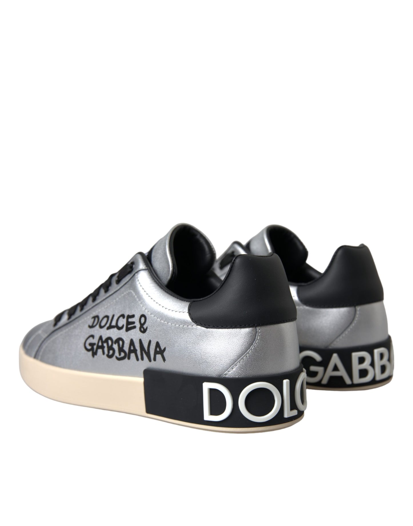 Sneakers en cuir de veau argenté Portofino de Dolce & Gabbana, chaussures homme.