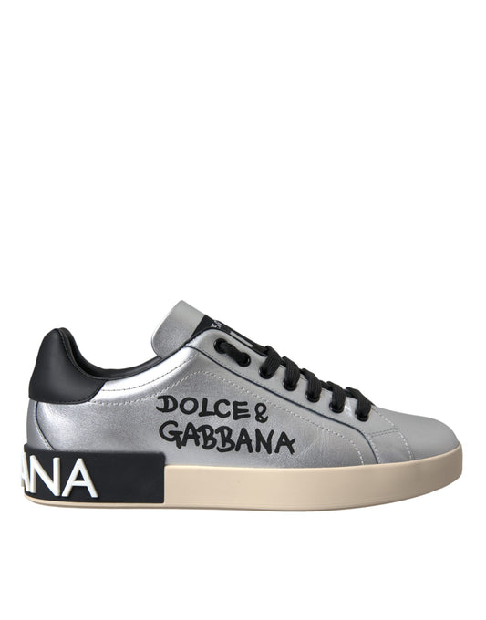 Sneakers en cuir de veau argenté Portofino de Dolce & Gabbana, chaussures homme.