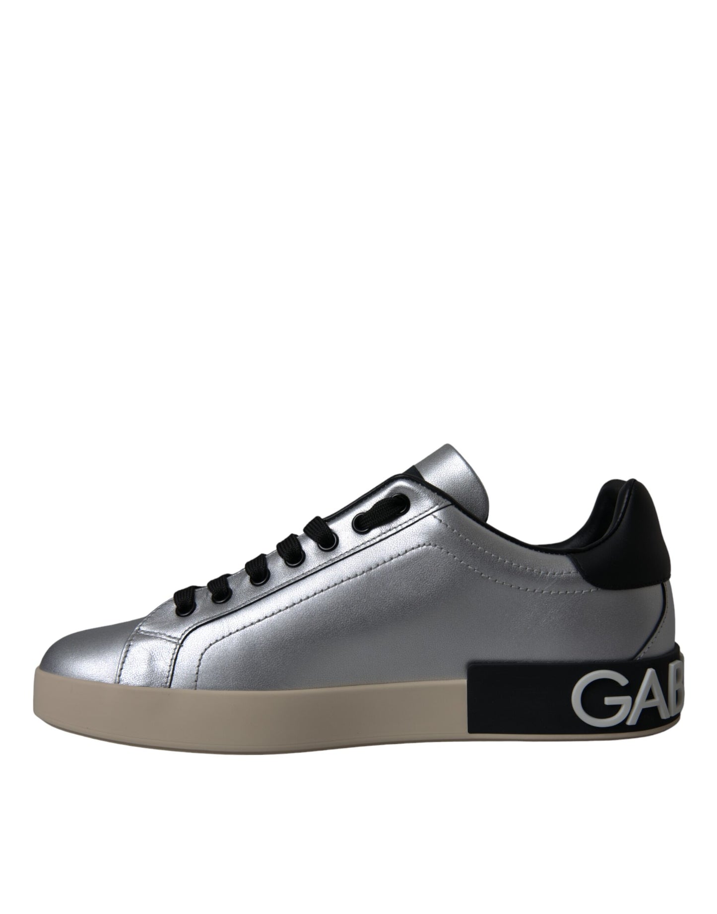 Sneakers en cuir de veau argenté Portofino de Dolce & Gabbana, chaussures homme.