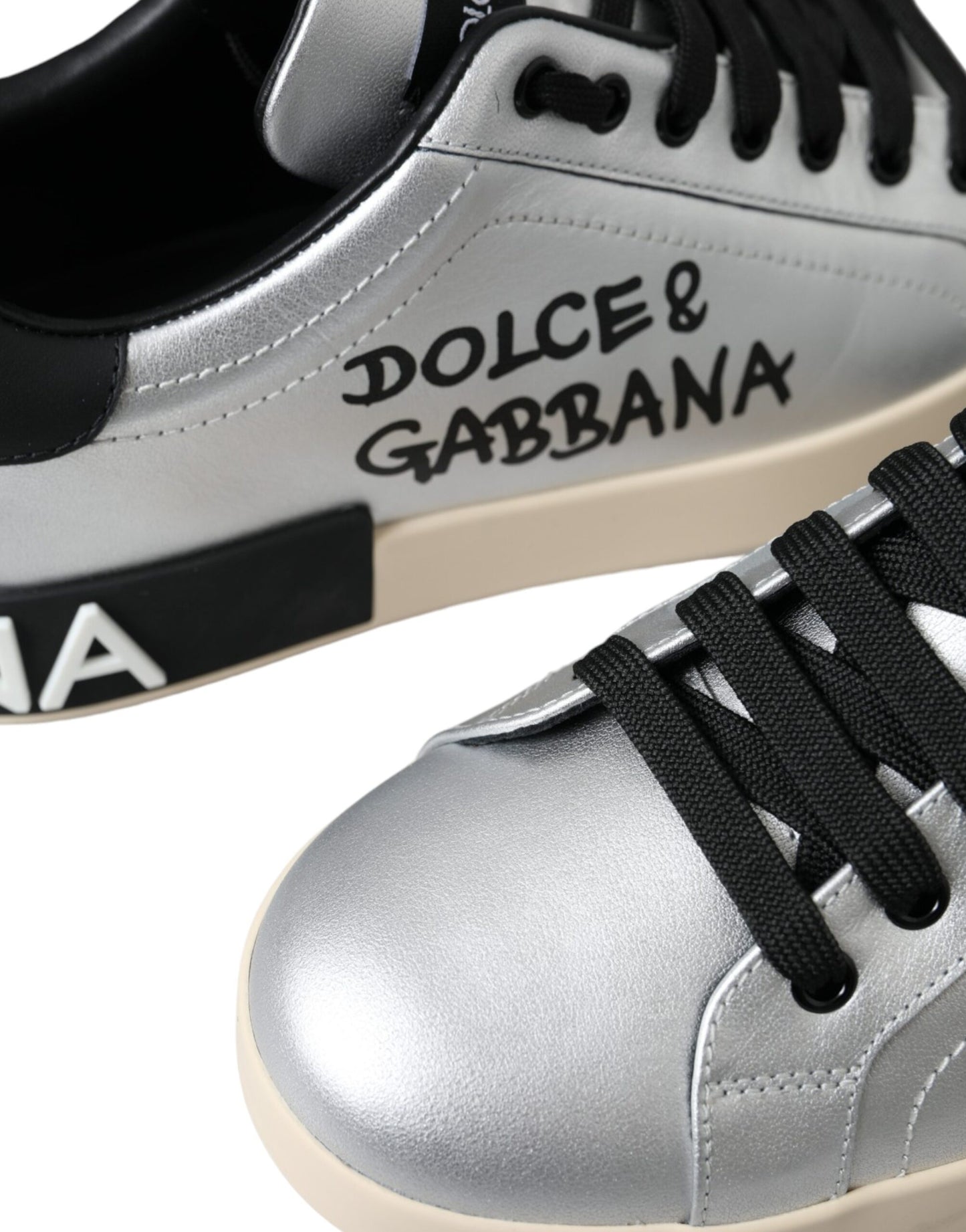 Sneakers en cuir de veau argenté Portofino de Dolce & Gabbana, chaussures homme.