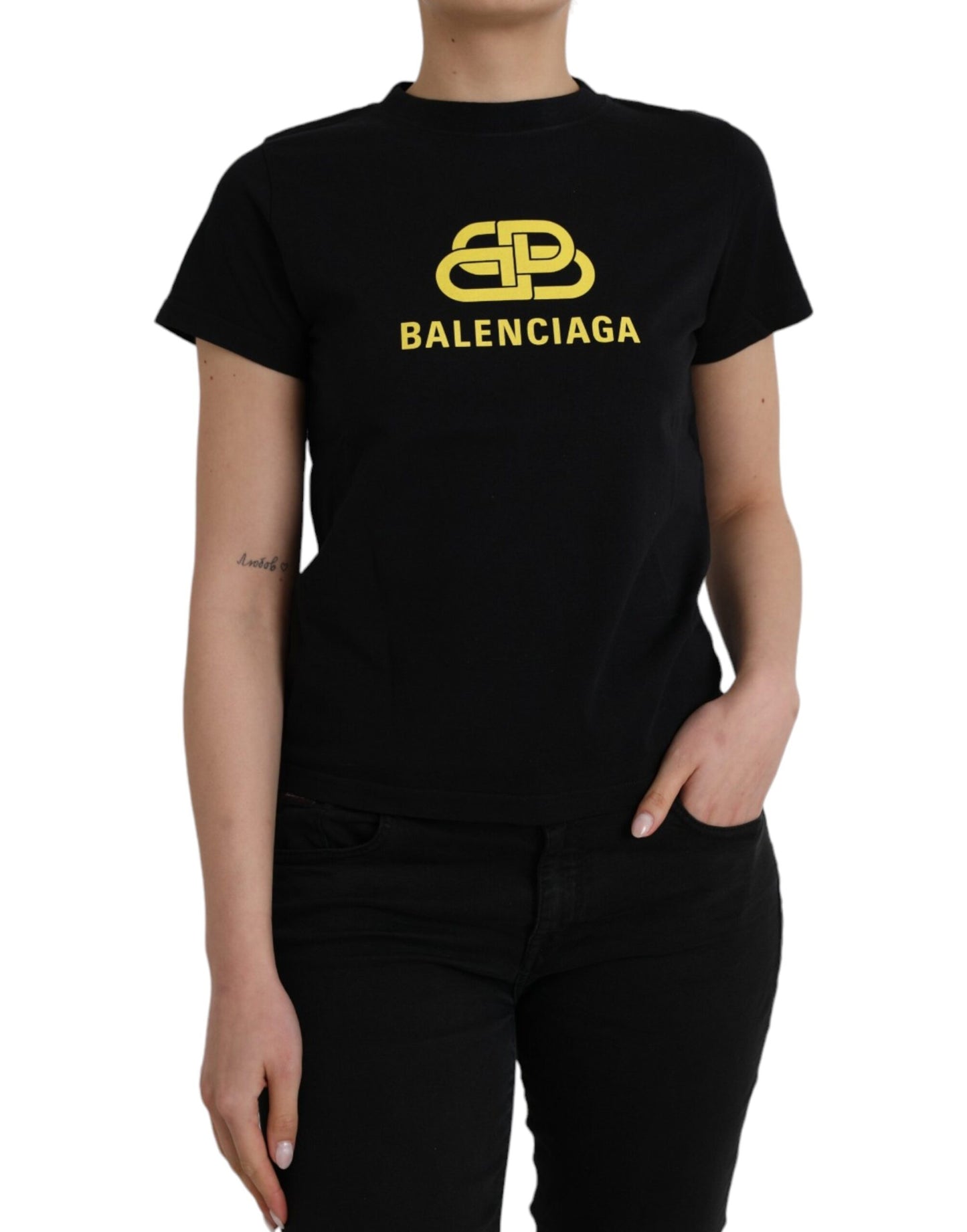 T-shirt à manches courtes en coton noir avec logo imprimé et col rond de Balenciaga