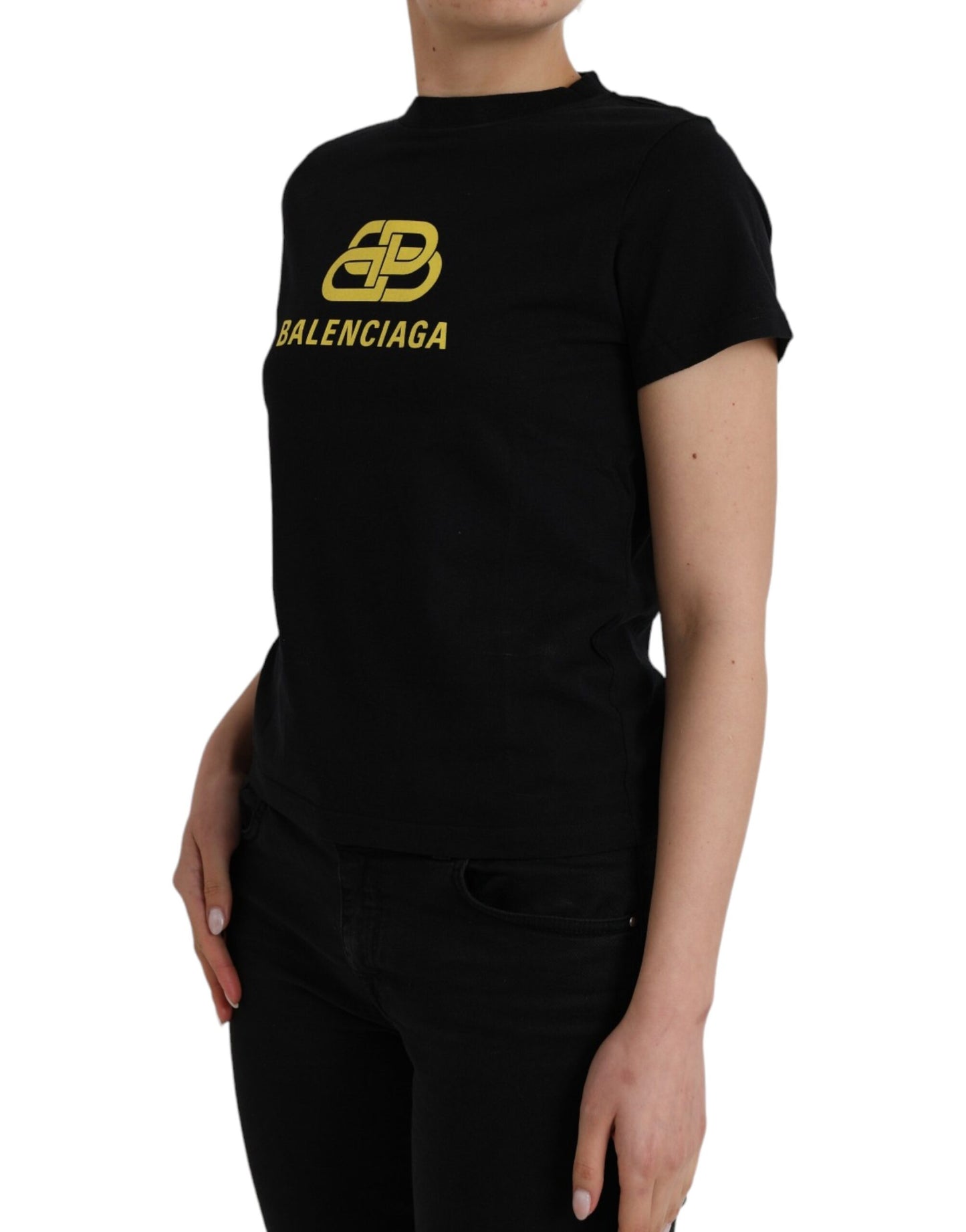 T-shirt à manches courtes, col rond, en coton noir avec logo Balenciaga.