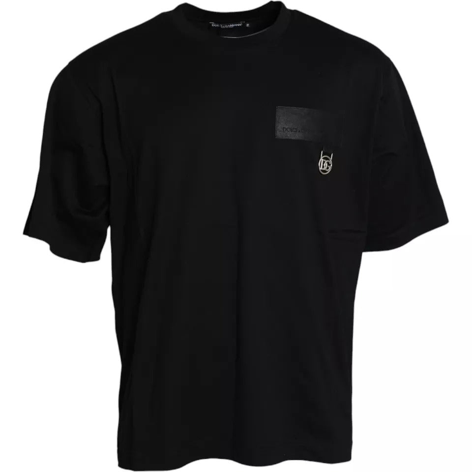 Dolce & Gabbana wit T-shirt met zwart logo-patch en ronde hals, gemaakt van katoen.