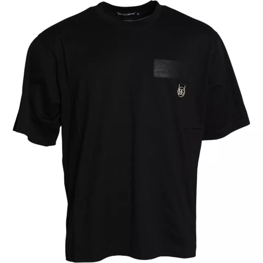 Dolce & Gabbana wit T-shirt met zwart logo-patch en ronde hals, gemaakt van katoen.