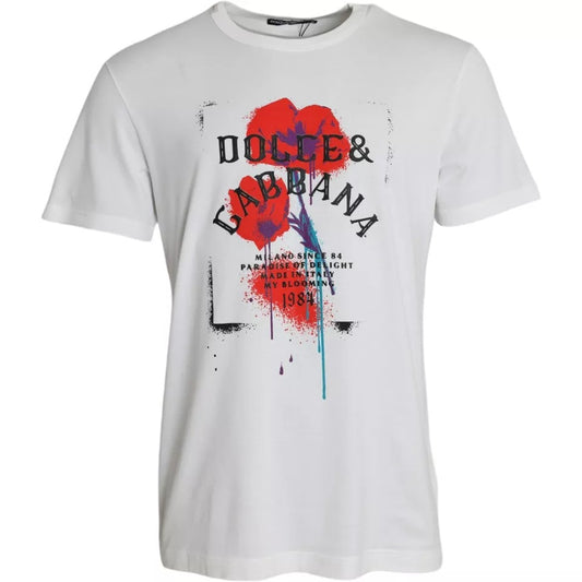 Dolce & Gabbana wit T-shirt met bloemenprint en logo, ronde hals, gemaakt van katoen