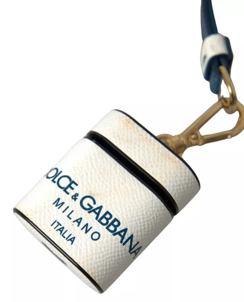 Étui pour Airpods Dolce & Gabbana en cuir de veau blanc et bleu avec logo imprimé