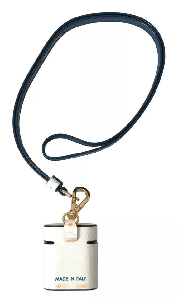 Étui pour Airpods Dolce & Gabbana en cuir de veau blanc et bleu avec logo imprimé