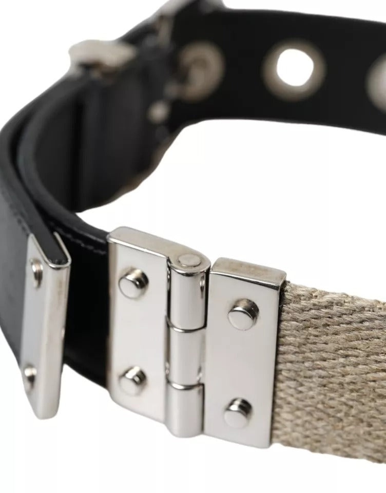 Dolce & Gabbana Zwarte Leren Beige Band Zilveren Metalen Gesp Riem