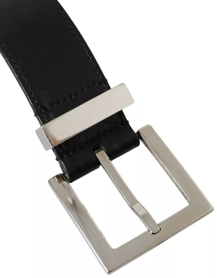 Dolce & Gabbana Zwarte Leren Beige Band Zilveren Metalen Gesp Riem
