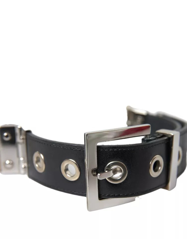 Dolce & Gabbana Zwarte Leren Beige Band Zilveren Metalen Gesp Riem