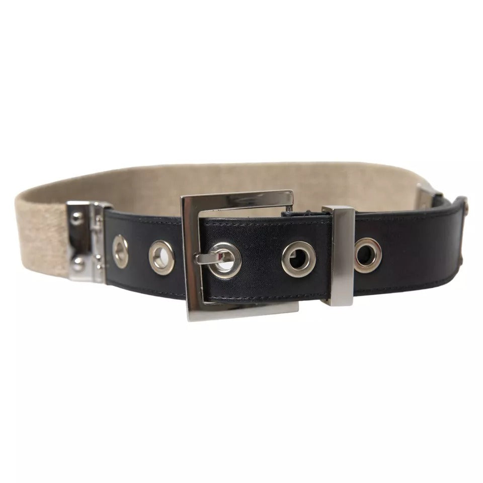 Dolce & Gabbana Zwarte Leren Beige Band Zilveren Metalen Gesp Riem