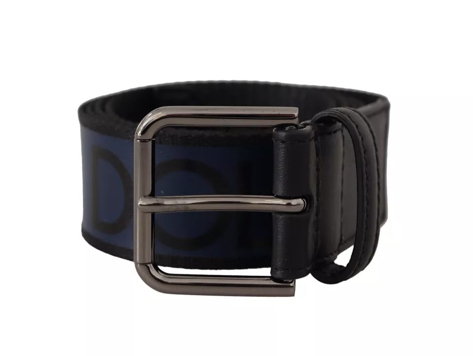 Ceinture Dolce & Gabbana à boucle argentée et logo imprimé bleu et noir