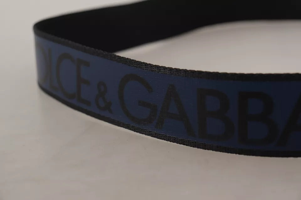 Ceinture Dolce & Gabbana à boucle argentée et logo imprimé bleu et noir