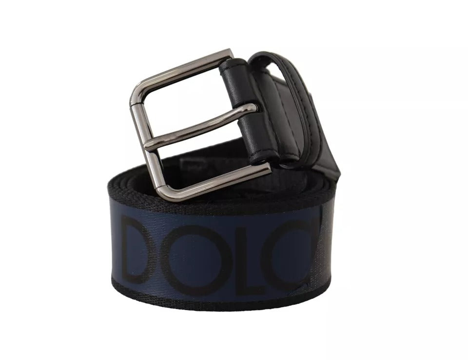Ceinture Dolce & Gabbana à boucle argentée et logo imprimé bleu et noir