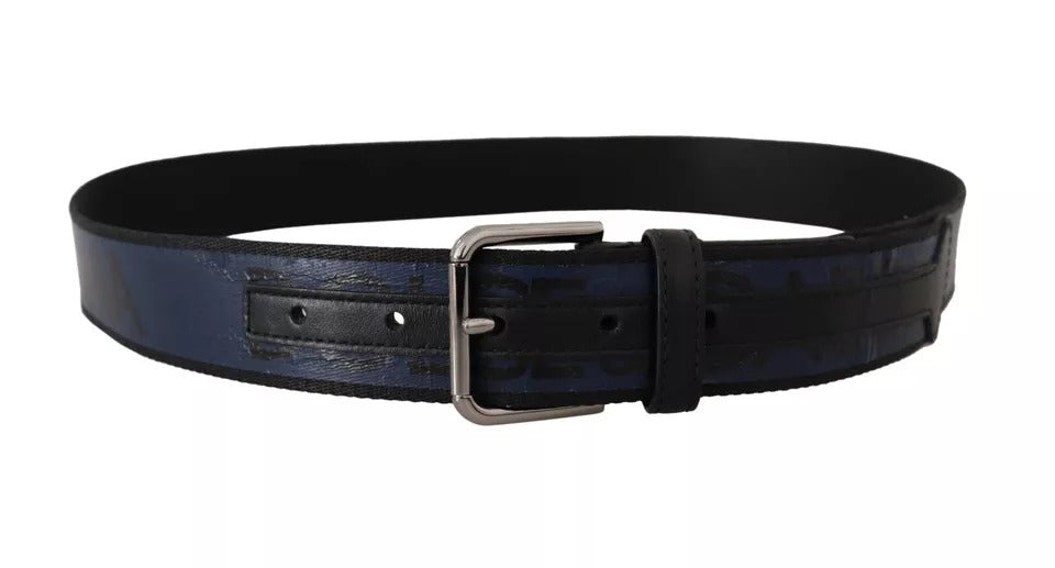 Dolce & Gabbana Blauw Zwart Logo Print Zilveren Gesp Riem