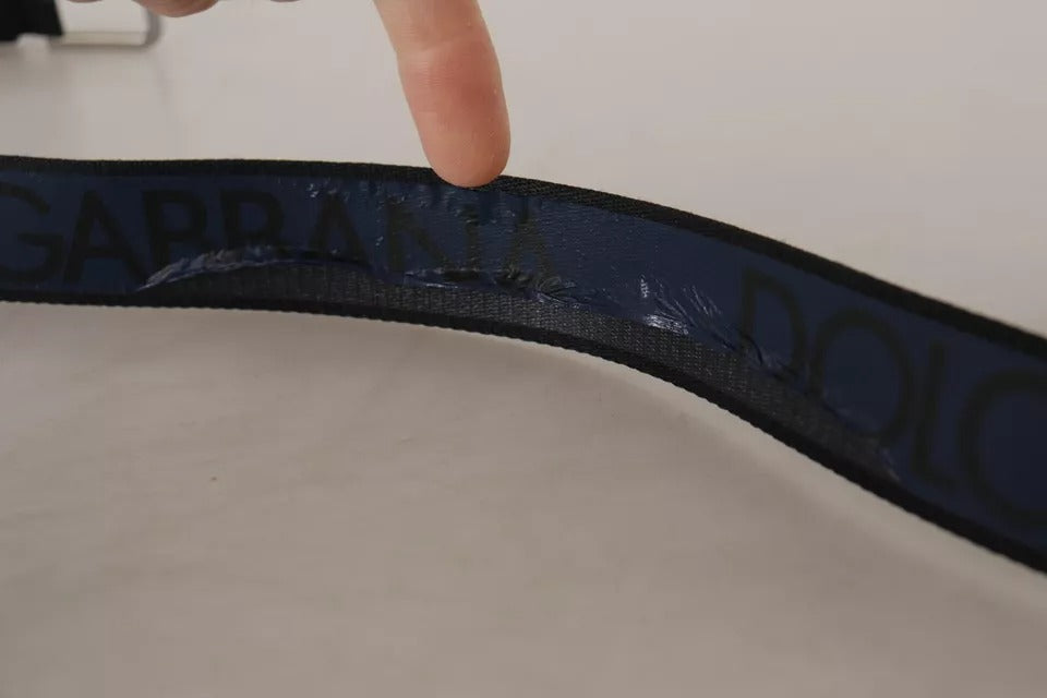 Dolce & Gabbana Blauw Zwart Logo Print Zilveren Gesp Riem