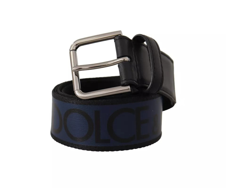 Dolce & Gabbana Blauw Zwart Logo Print Zilveren Gesp Riem