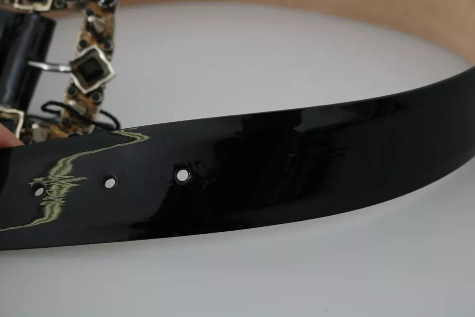 Ceinture Dolce & Gabbana en cuir noir brillant avec boucle et logo en cristal