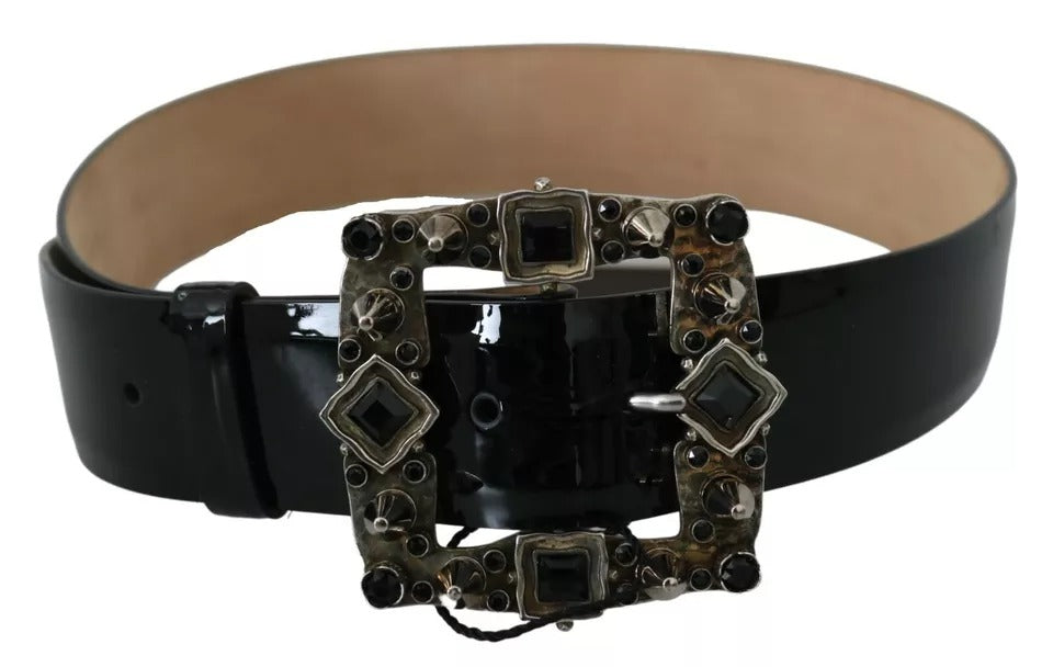 Ceinture Dolce & Gabbana en cuir noir brillant avec boucle et logo en cristal