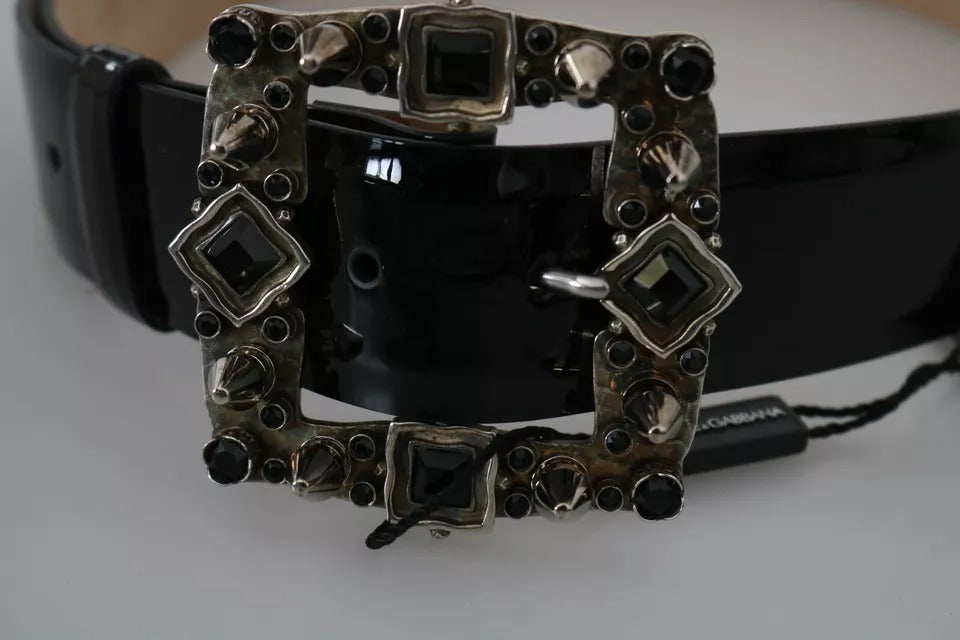 Ceinture Dolce & Gabbana en cuir noir brillant avec boucle et logo en cristal