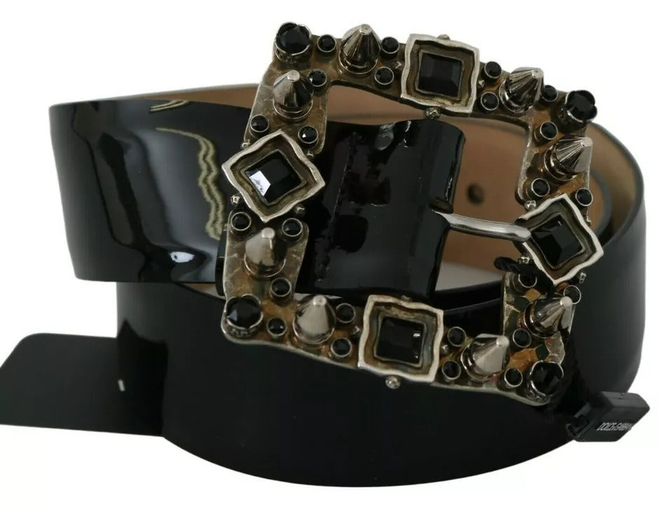 Ceinture Dolce & Gabbana en cuir noir brillant avec boucle et logo en cristal
