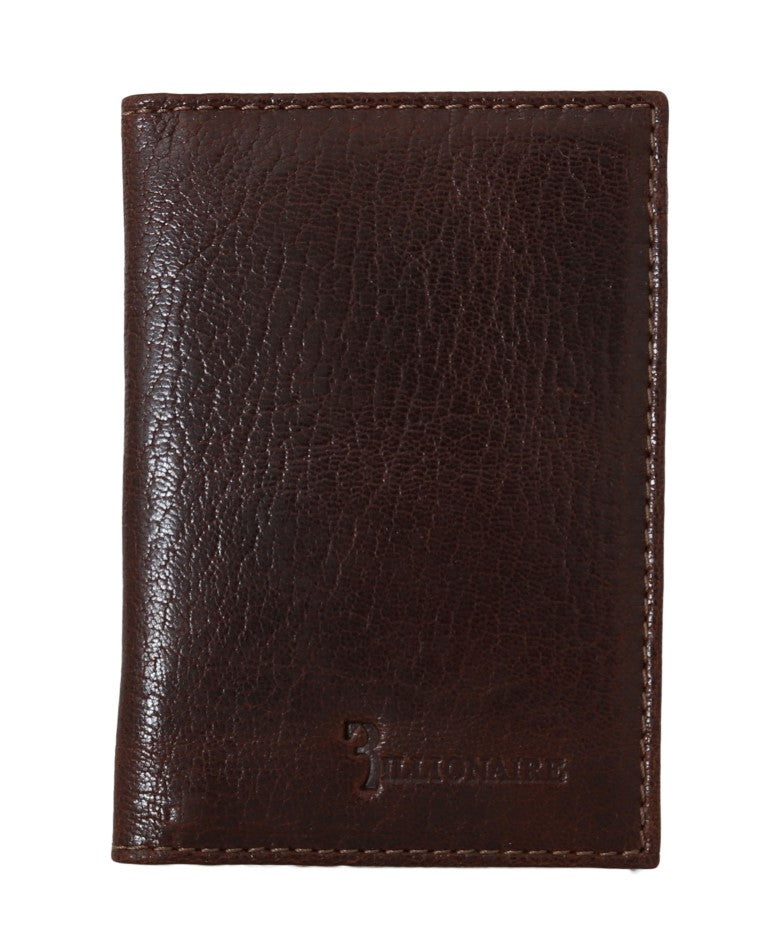 Portefeuille à deux volets en cuir marron de la collection couture italienne Billionaire