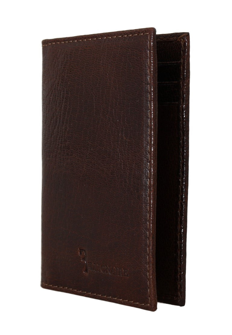 Portefeuille à deux volets en cuir marron de la collection couture italienne Billionaire