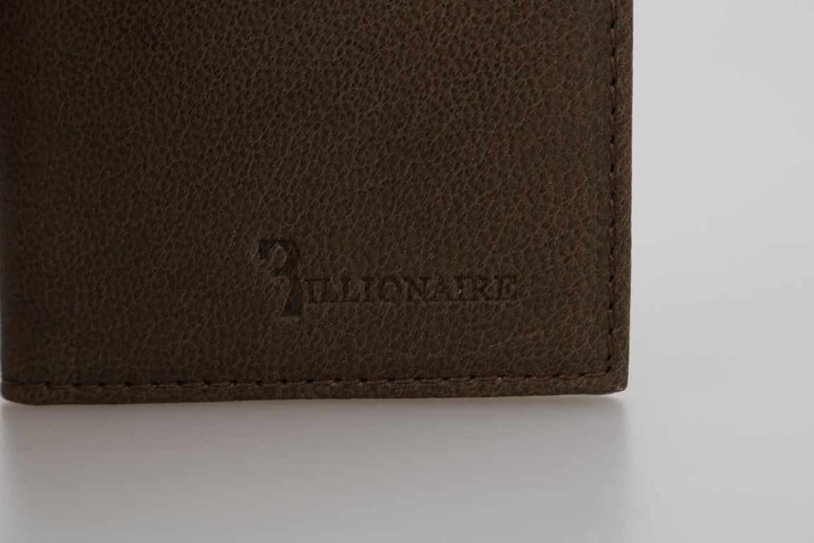 Portefeuille à deux volets en cuir marron de la collection couture italienne Billionaire