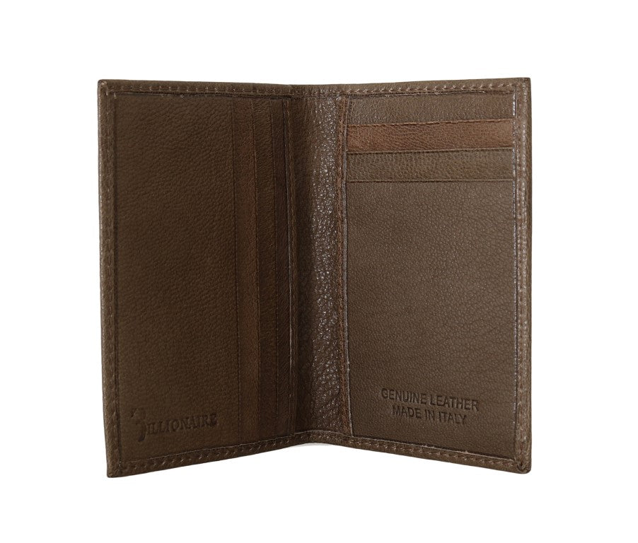 Portefeuille à deux volets en cuir marron de la collection couture italienne Billionaire