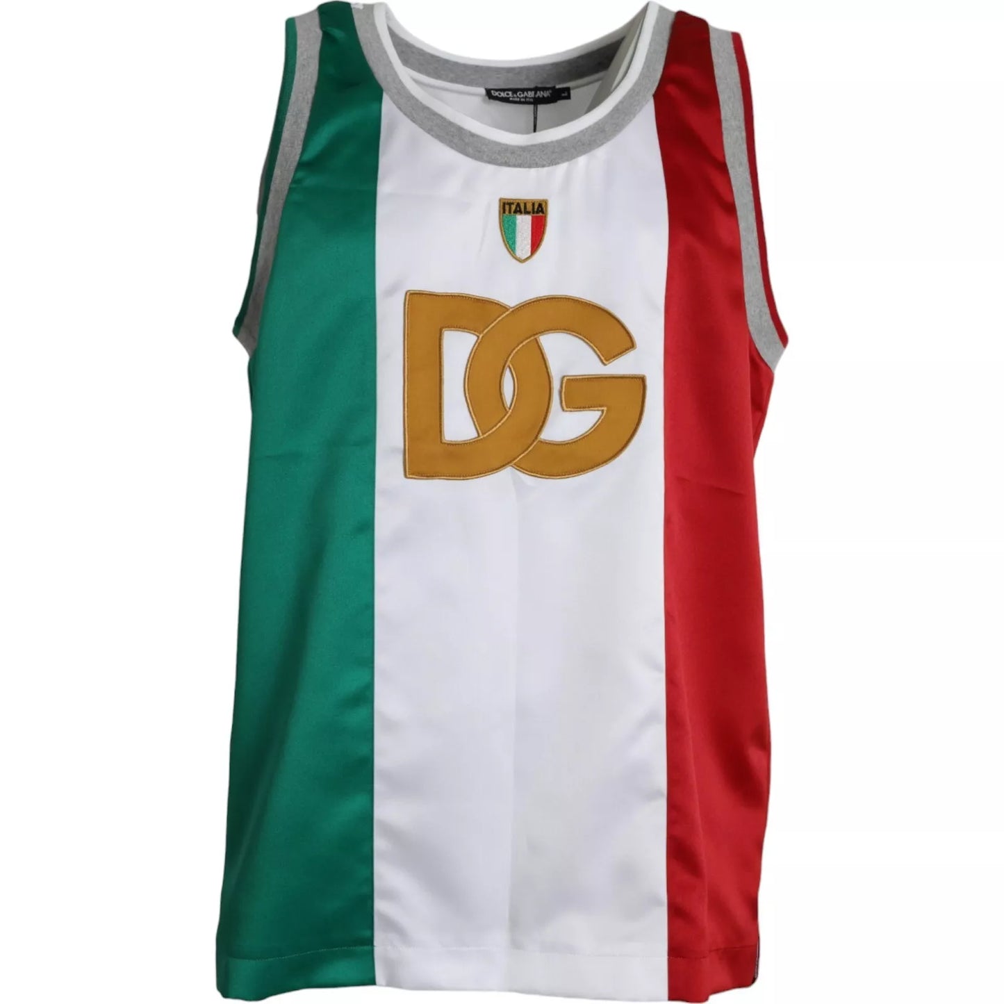 T-shirt Dolce & Gabbana blanc et vert, sans manches, avec le drapeau italien et un panier.