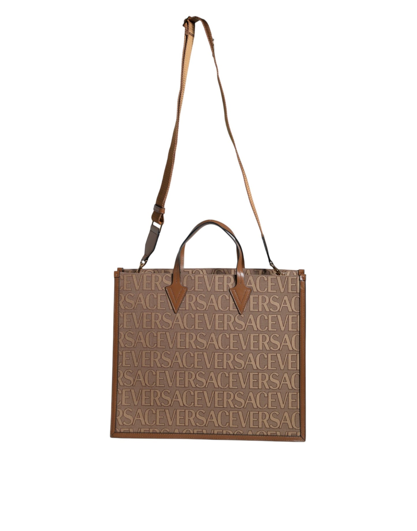 Versace Bruine Jacquard Leren Crossbody Tote Bag met Handvat en Logo