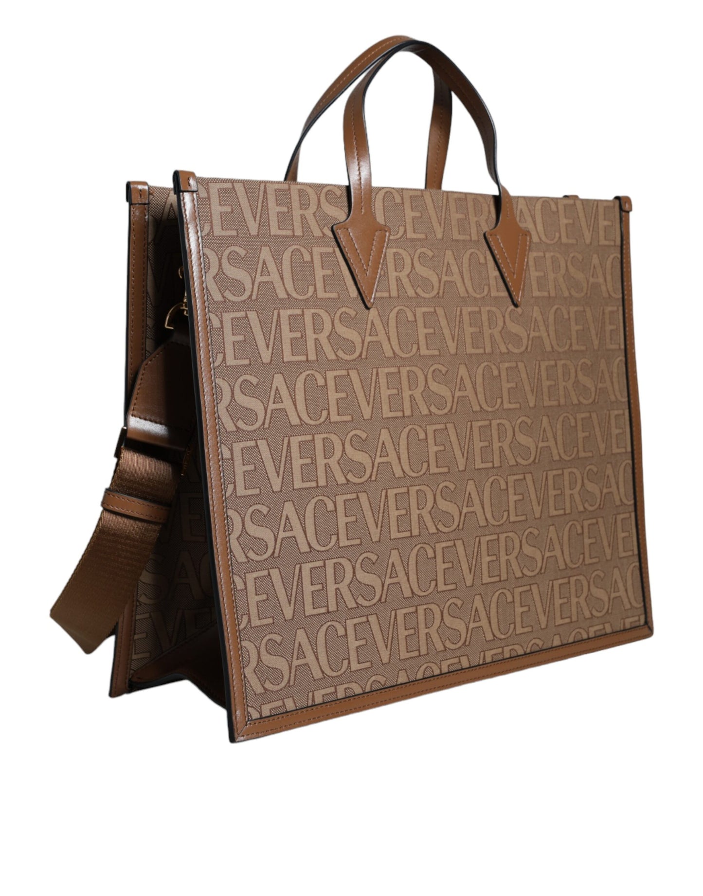 Versace Bruine Jacquard Leren Crossbody Tote Bag met Handvat en Logo
