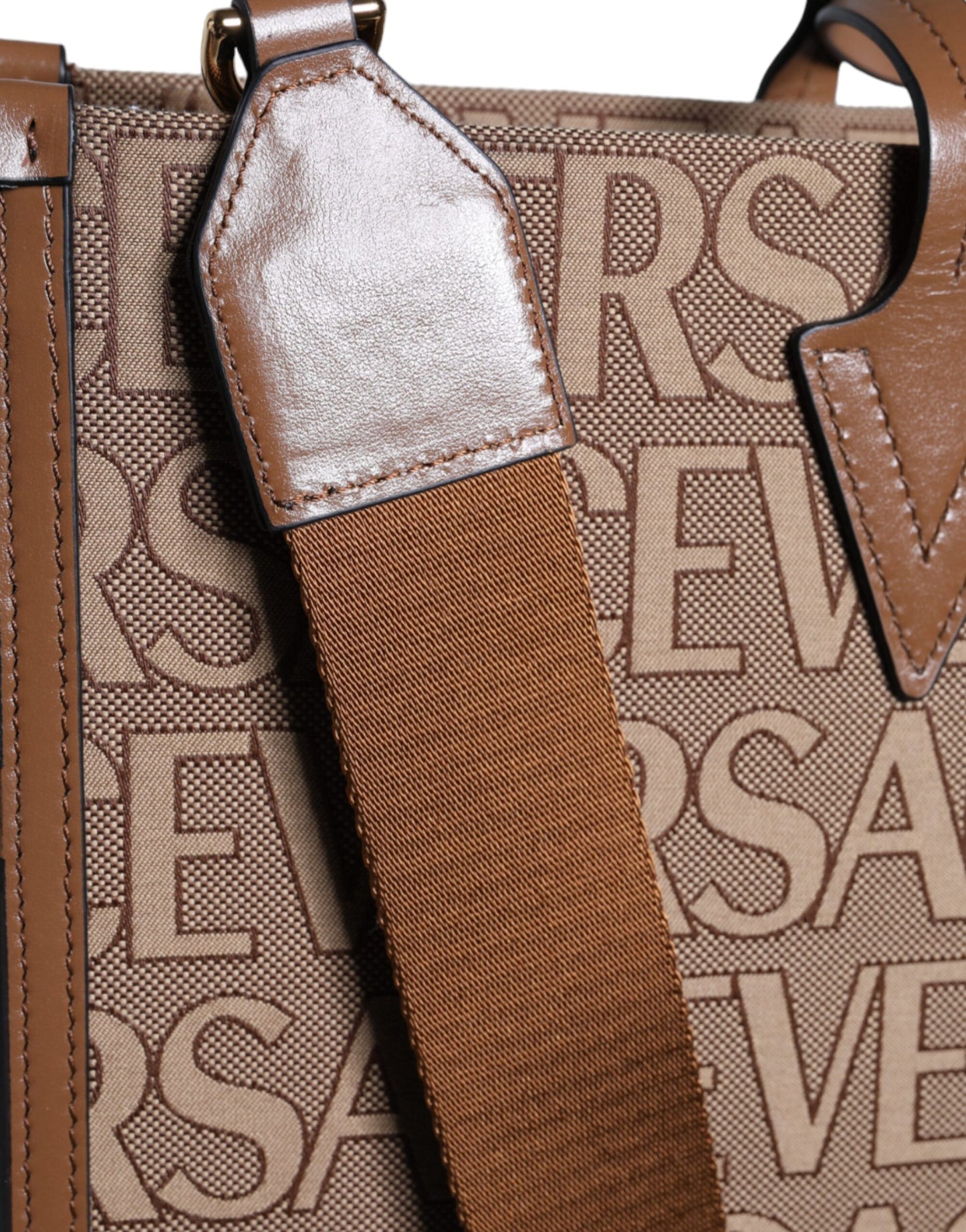 Versace Bruine Jacquard Leren Crossbody Tote Bag met Handvat en Logo