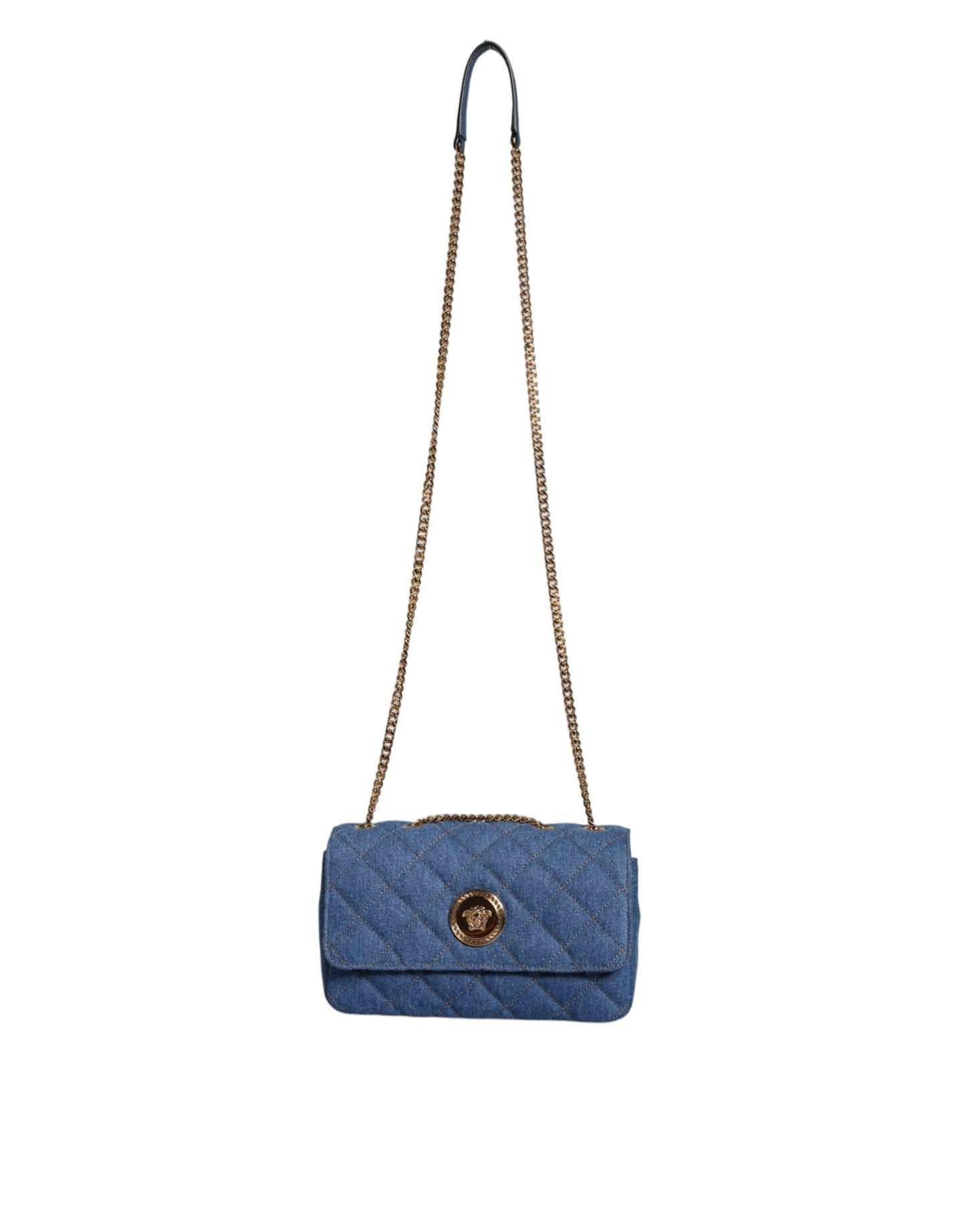 Versace Blauwe Gewatteerde Denim Leren Crossbody Schoudertas