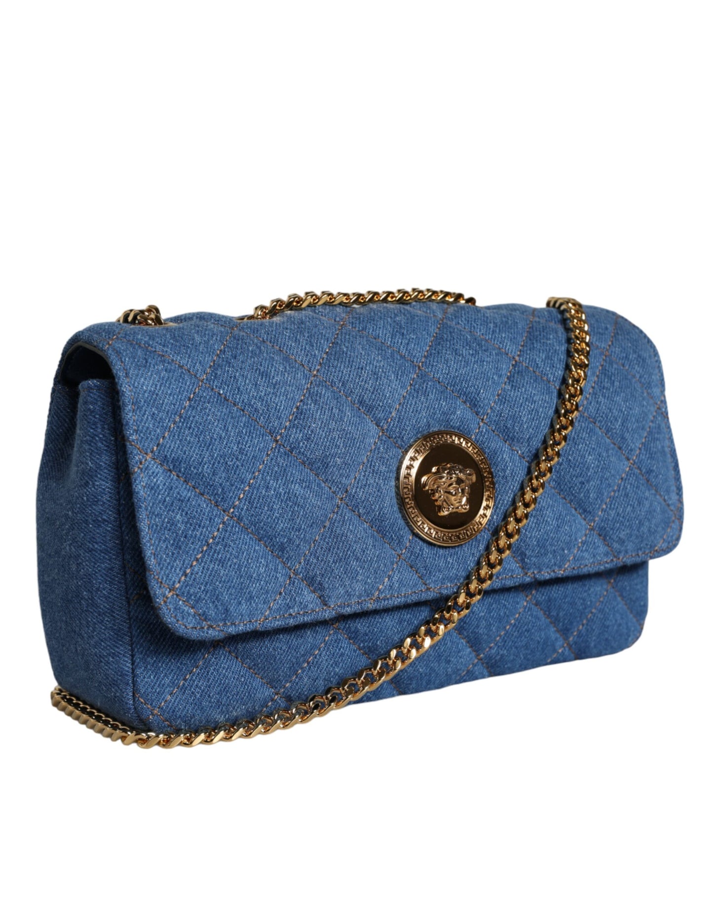 Versace Blauwe Gewatteerde Denim Leren Crossbody Schoudertas