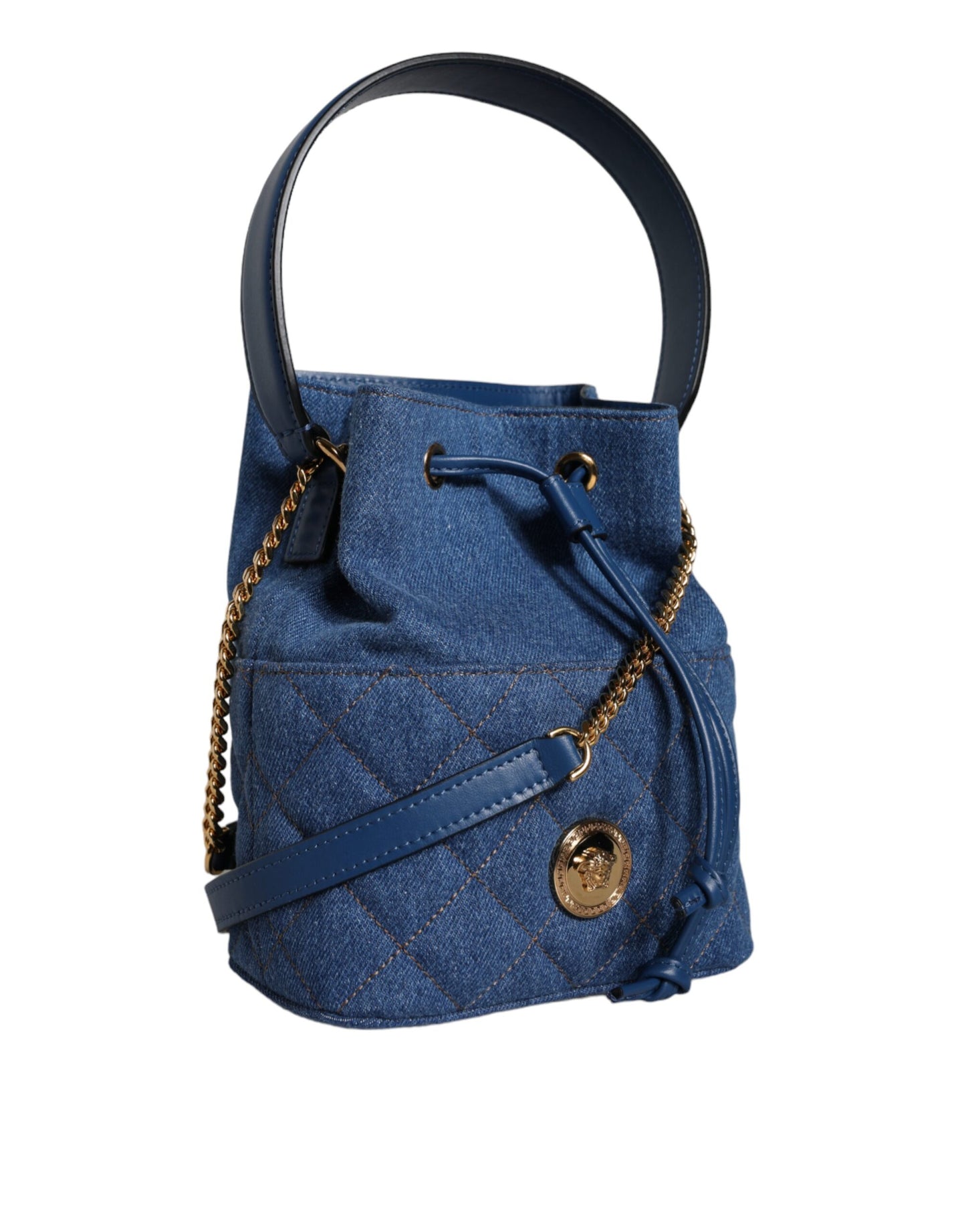 Versace Blauwe Gewatteerde Denim Leren Crossbody Schoudertas