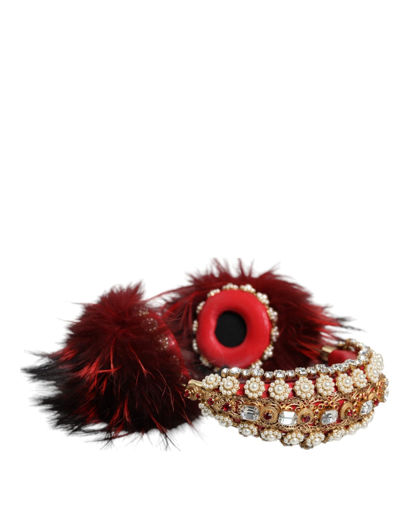 Casque audio auxiliaire Dolce & Gabbana en fourrure de cristal rouge et or