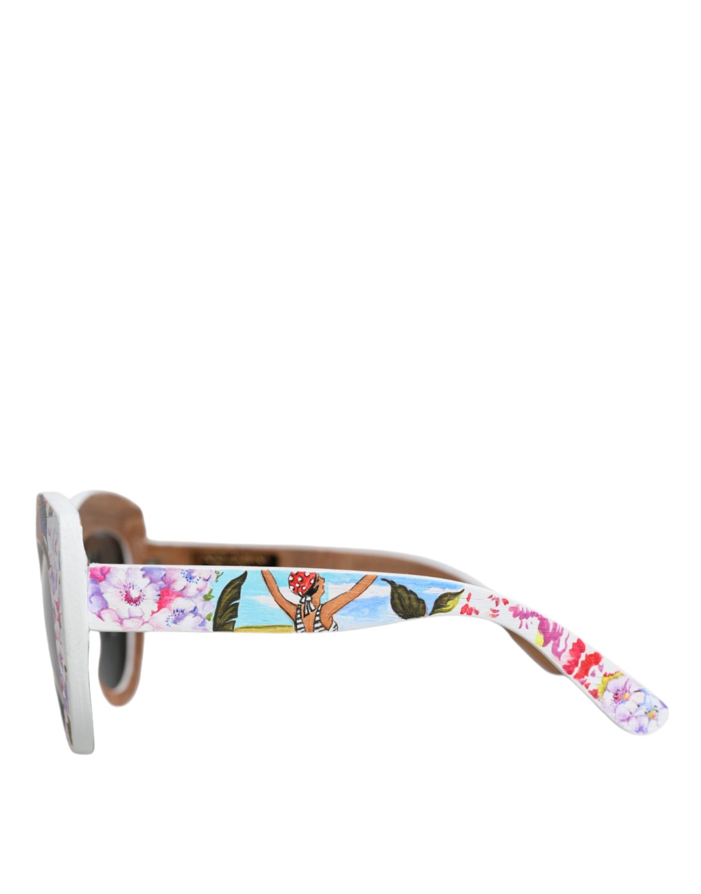 Lunettes de soleil Dolce & Gabbana multicolores en bois, cristal, monture en laiton, motif floral peint à la main