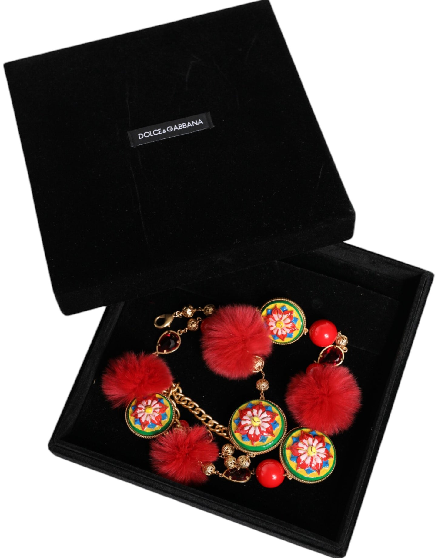 Ceinture Torero Dolce & Gabbana en laiton doré et fourrure rouge avec cristaux