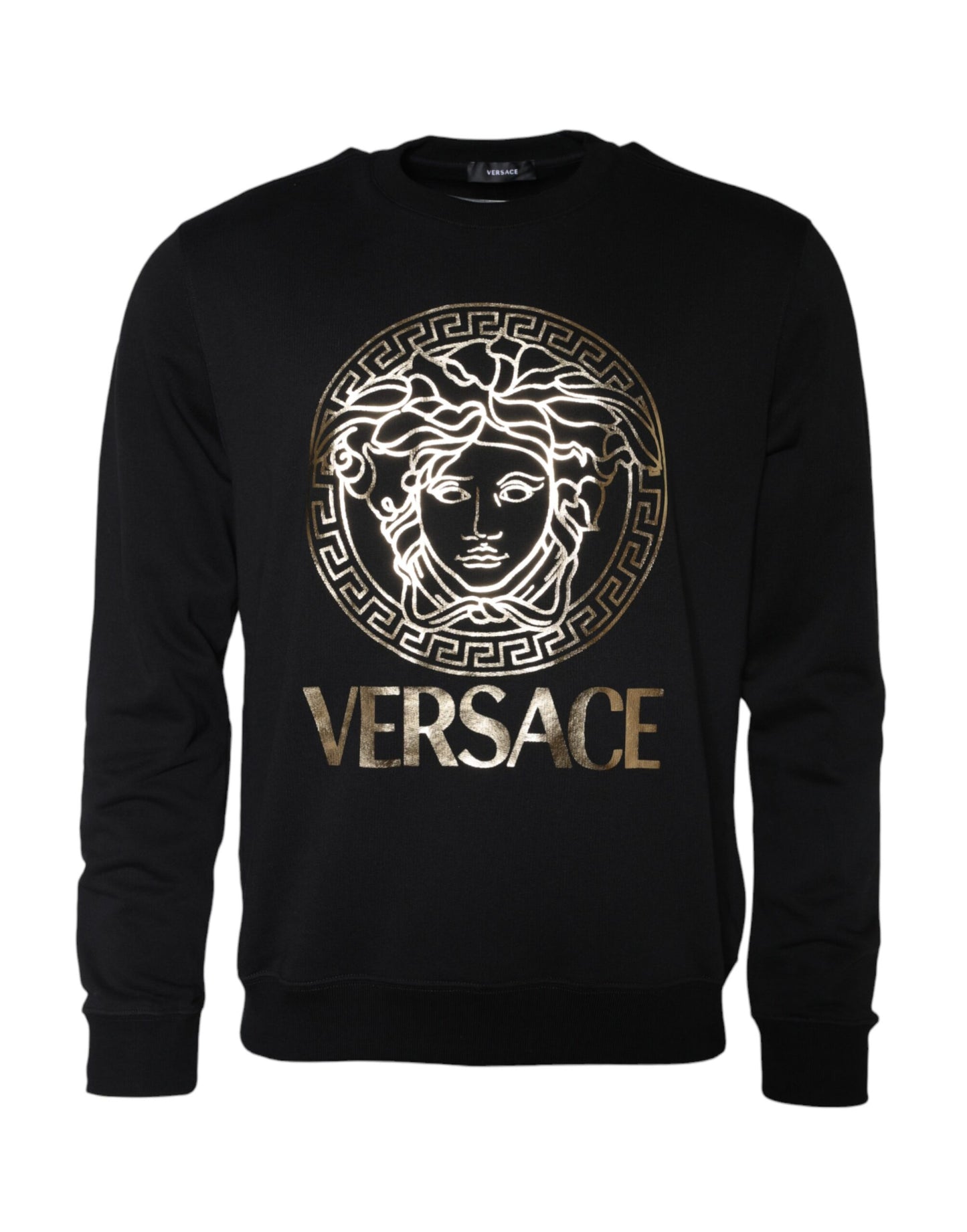 Pull en coton à col rond en molleton Versace noir avec tête de Méduse.
