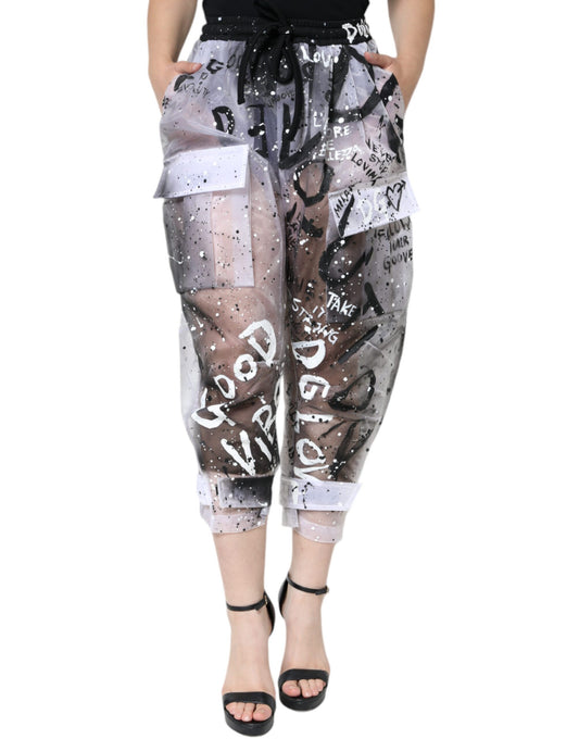 Dolce & Gabbana witte, doorschijnende cargo broek met logo en cropped lengte.