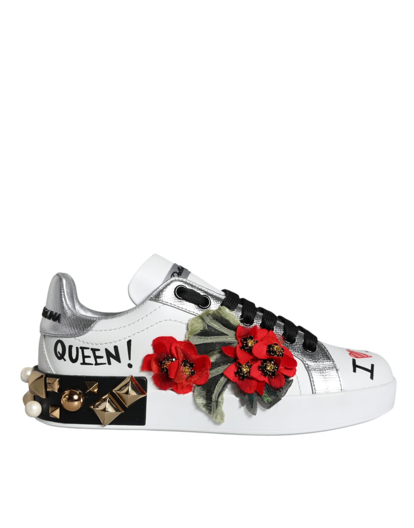 Dolce & Gabbana witte leren sneakers met bloemen en studs