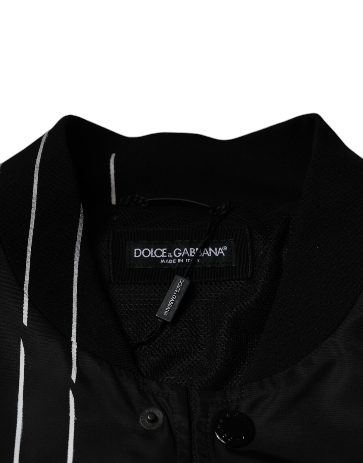 Dolce & Gabbana zwarte nylon bomberjas met stippen en strepen