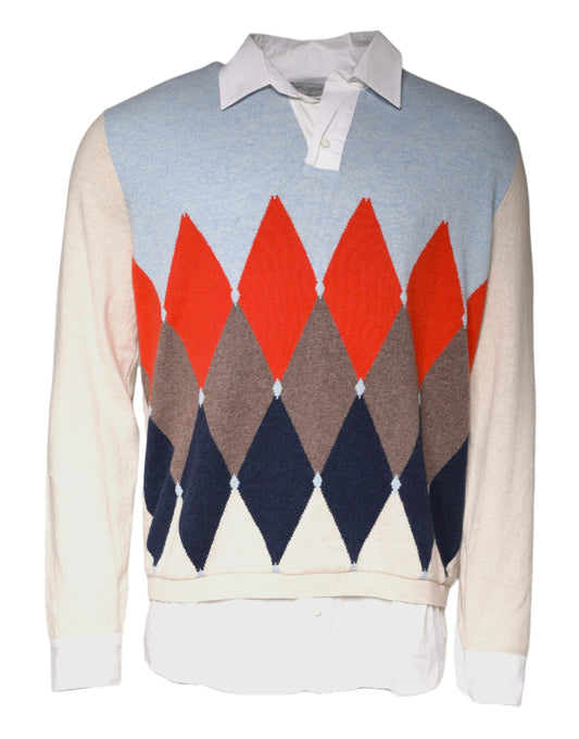 Ballantyne gebreide trui met lange mouwen, multicolor patroon en kraag.