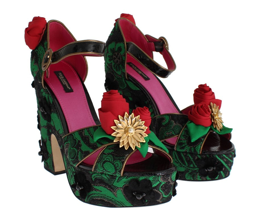 Chaussures Dolce & Gabbana en brocart vert, motif serpent, roses et cristaux.