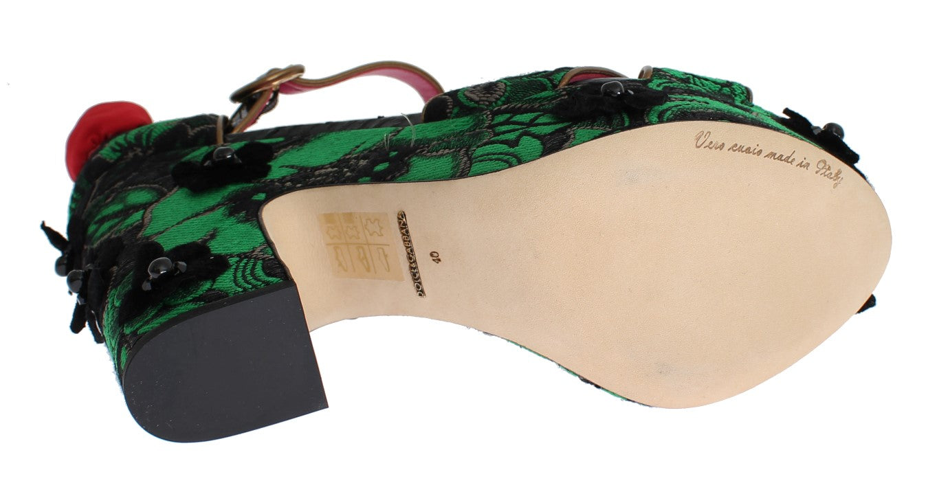 Chaussures Dolce & Gabbana en brocart vert, motif serpent, roses et cristaux.